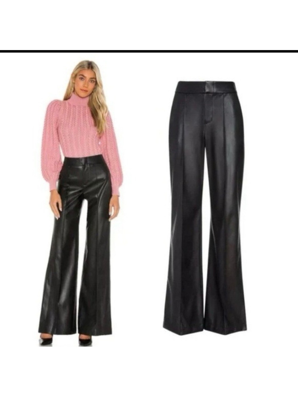 ALICE & OLIVIA Dylan Vegan Leather Black Trousers Wide Leg 4